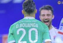 Football : Denis Bouanga chambré par le défenseur lyonnais Dubois après son pénalty raté